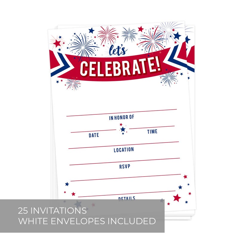 Canopy Street Patriotic Party Invitations / 25 American Event Invites / 5" x 7" Flat Invite Cards With White Envelopes/Red White And Blue Invites/Made In The USA - Image 4